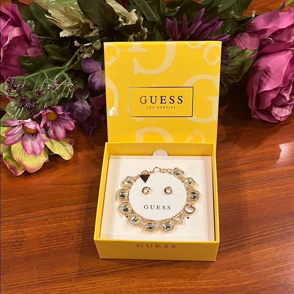 Guess Gold and Silver Sparkling  Rhinestone Bracelet and G earrings Jewelry Set